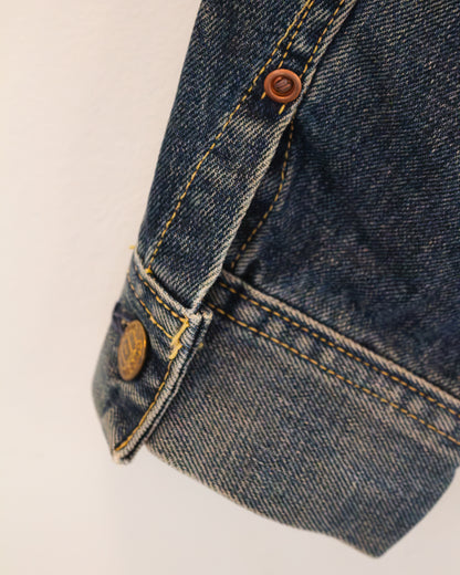 Side view of sleeve button on denim jacket.
