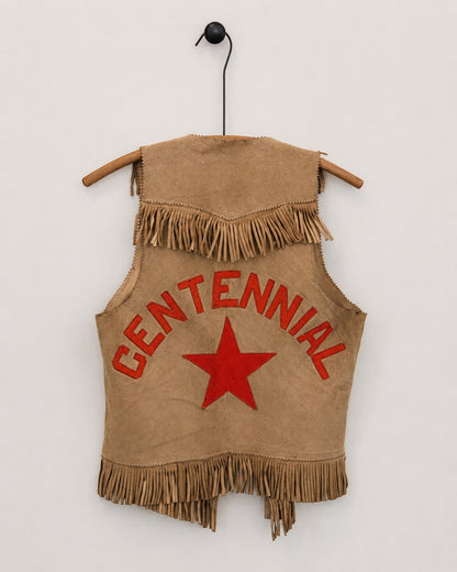 Back of suede leather vest on hanger with orange CENTENNIAL and star graphics on back