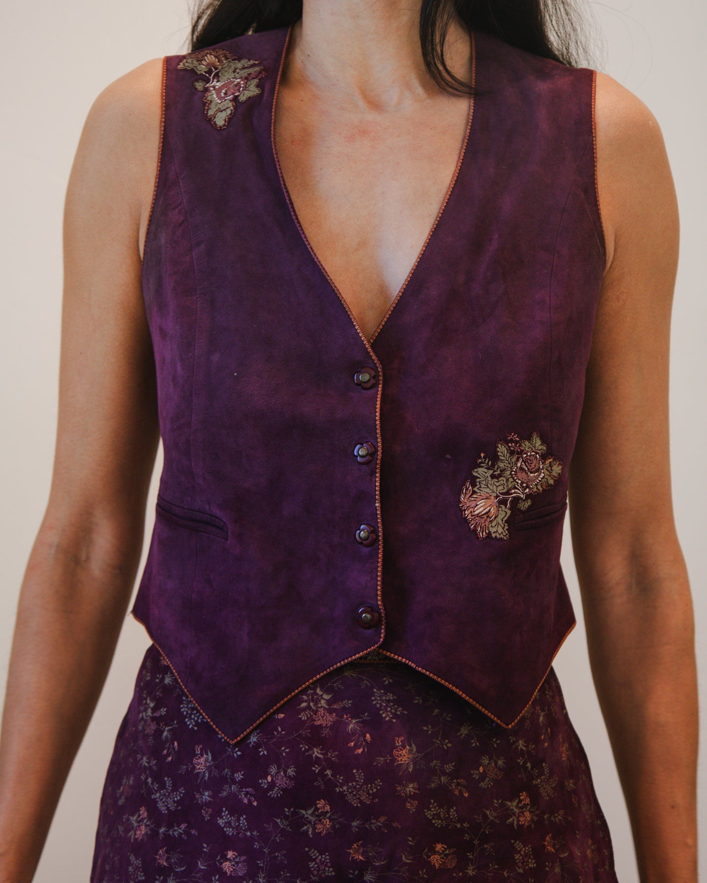 Roberto Cavalli Floral Printed Suede Leather Skirt & Vest Set