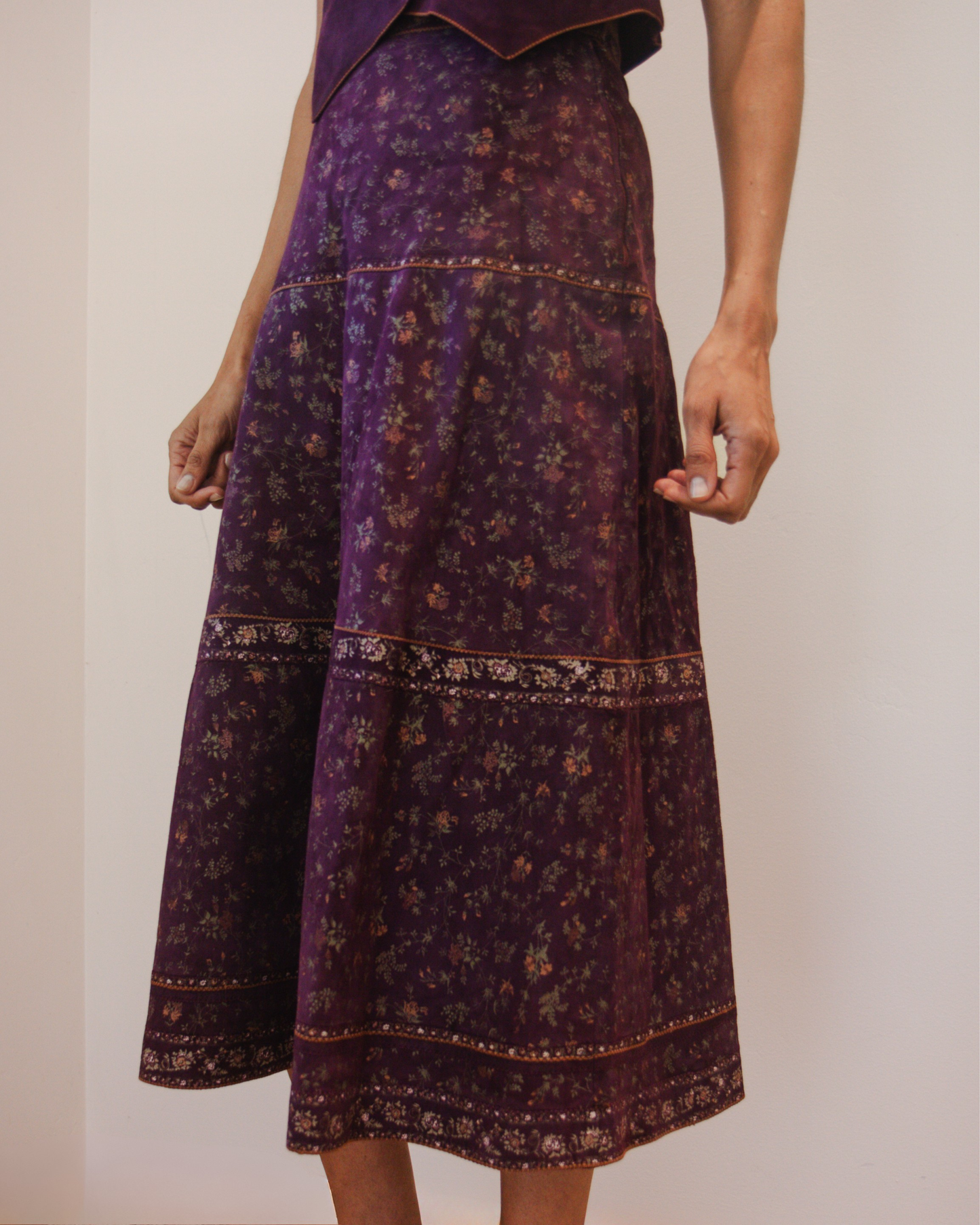 Roberto Cavalli Floral Printed Suede Leather Skirt & Vest Set
