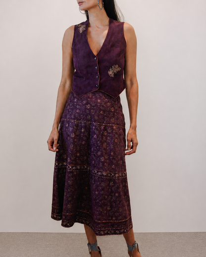 Roberto Cavalli Floral Printed Suede Leather Skirt & Vest Set
