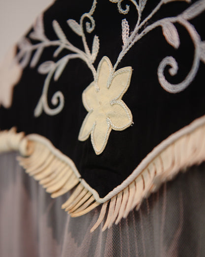 Close up of floral embroidery on light gray shirt