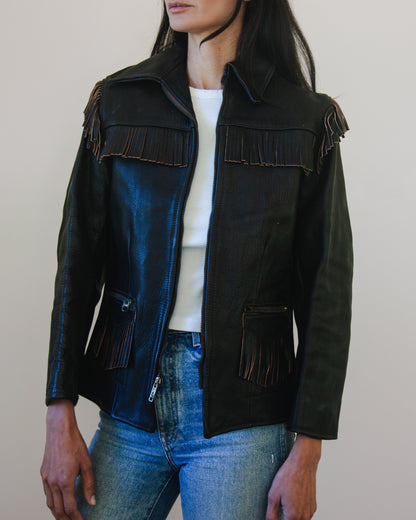 Vintage Leather Jacket with Fringe Trim