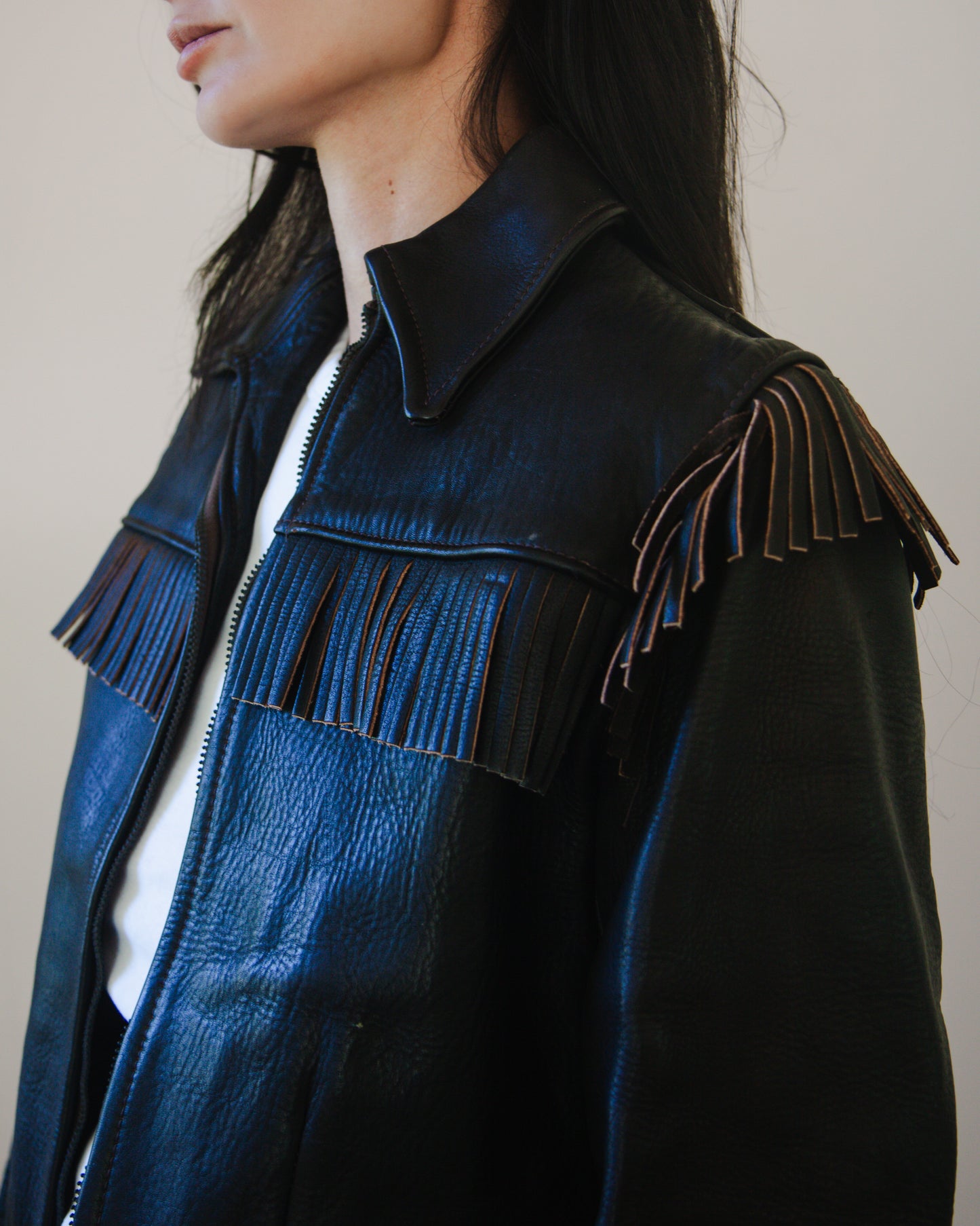 Vintage Leather Jacket with Fringe Trim