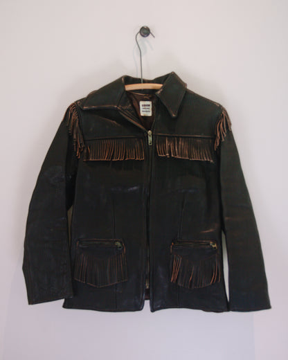 Vintage Leather Jacket with Fringe Trim
