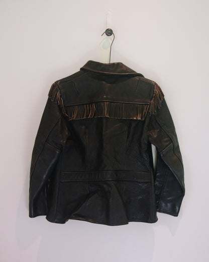 Vintage Leather Jacket with Fringe Trim