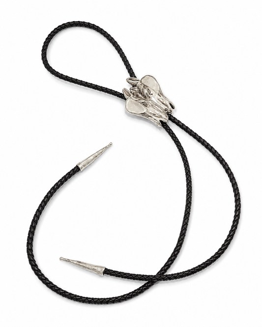 Bolo tie with silver clasp and black cord on a white background