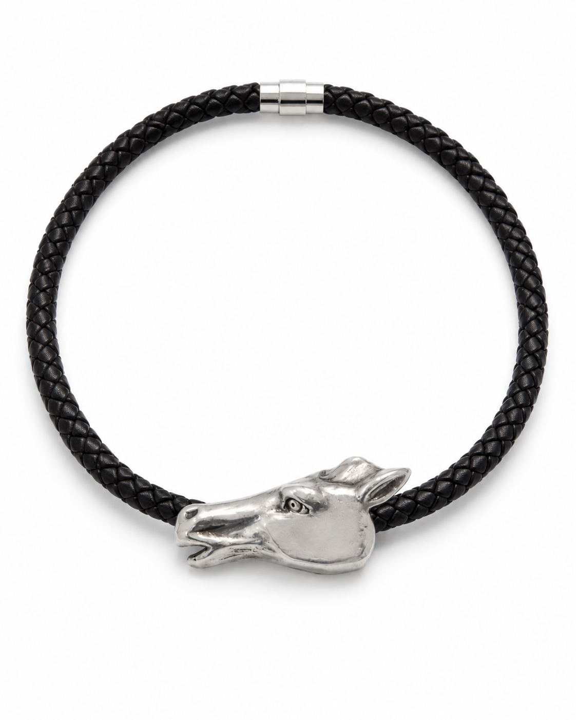 Black braided leather bracelet with a silver horse head charm on a white background