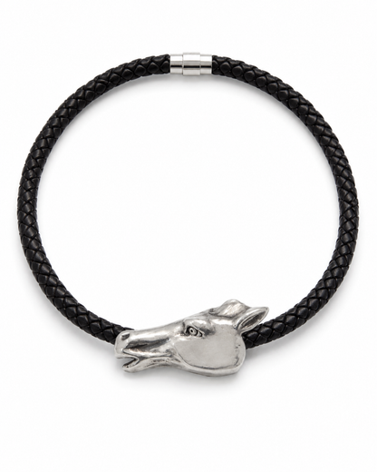 Black braided leather bracelet with a silver horse head charm on a white background