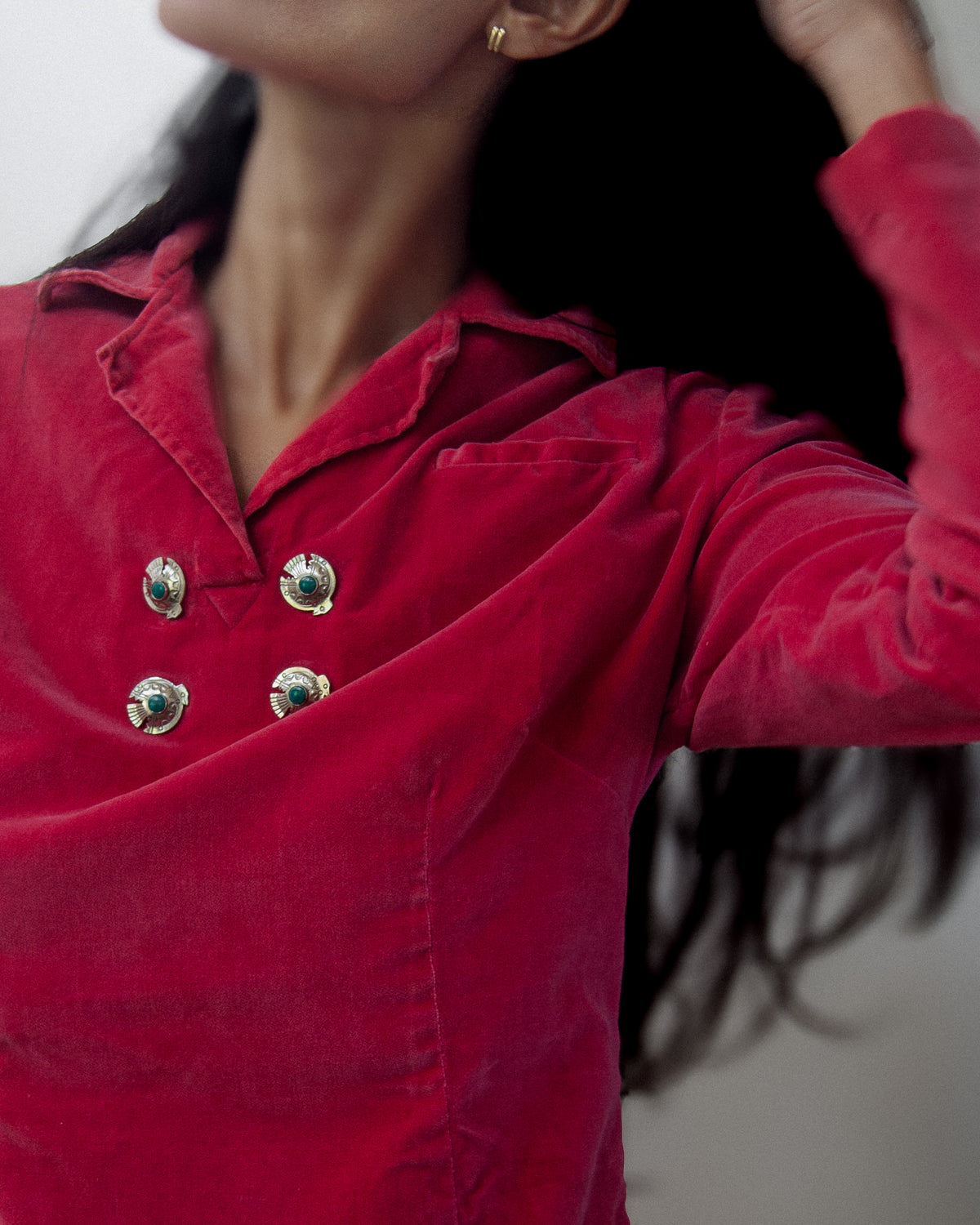 1950s Vintage Velvet Blouse with Thunderbird Conchos