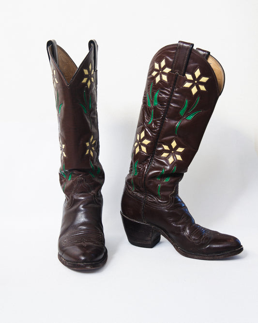 1960s-1970s Vintage Flower Inlay Cowboy Boots