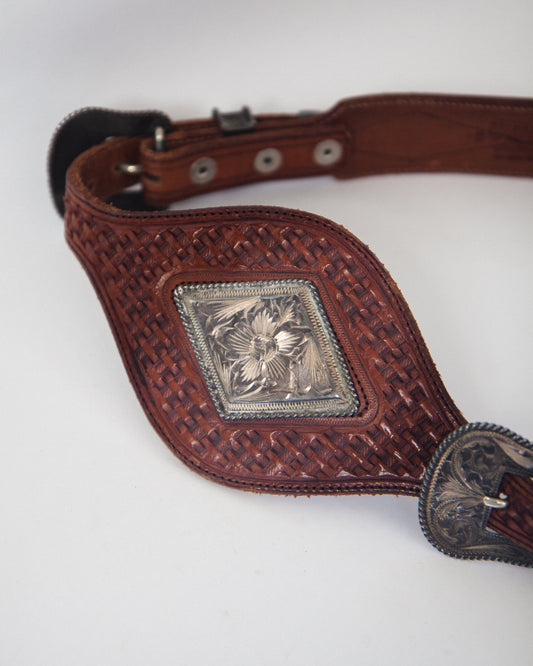 Vintage Hand Tooled Leather Belt with Hand Engraved Sterling Silver Double Buckle