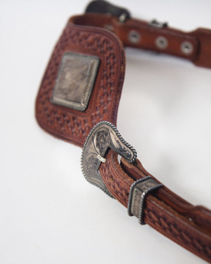 Vintage Hand Tooled Leather Belt with Hand Engraved Sterling Silver Double Buckle
