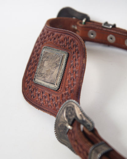 Vintage Hand Tooled Leather Belt with Hand Engraved Sterling Silver Double Buckle