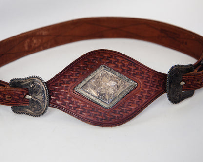 Vintage Hand Tooled Leather Belt with Hand Engraved Sterling Silver Double Buckle
