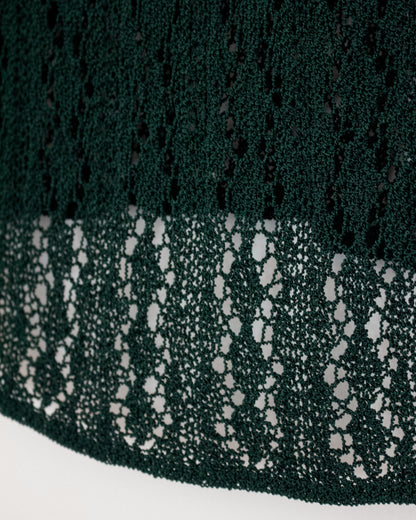 Close-up of a dark forest green lace fabric with a textured openwork pattern, draped over a white surface.