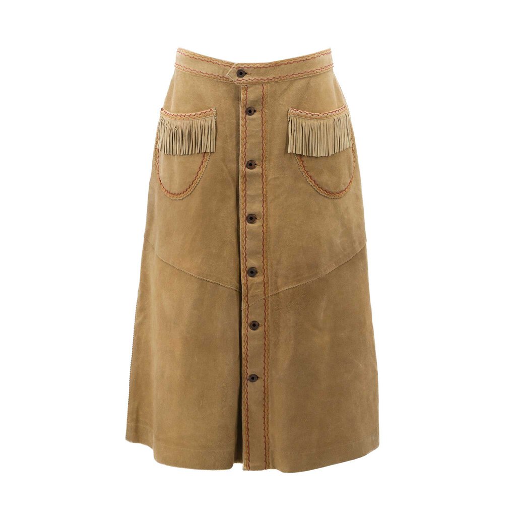 Vintage Suede Button Up Skirt w/ Fringe Pockets & Stitching